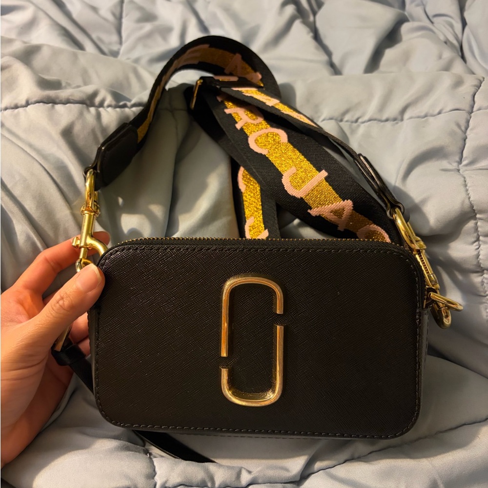 Marc Jacobs Black Camera Crossbody with Gold Logo and Pink/Gold Strap